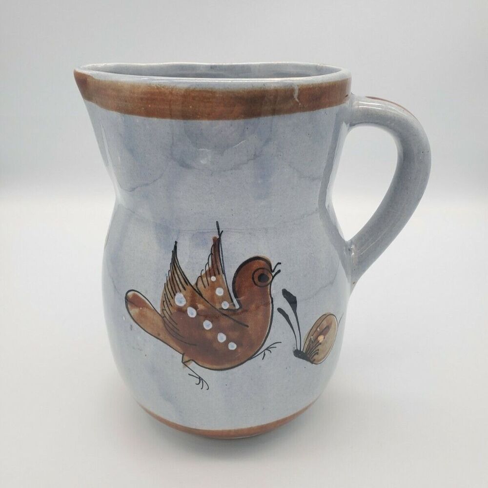 Tonala Mexican Pottery Pitcher Bird & Butterfly  Floral 7.75" Tall Signed AM VTG